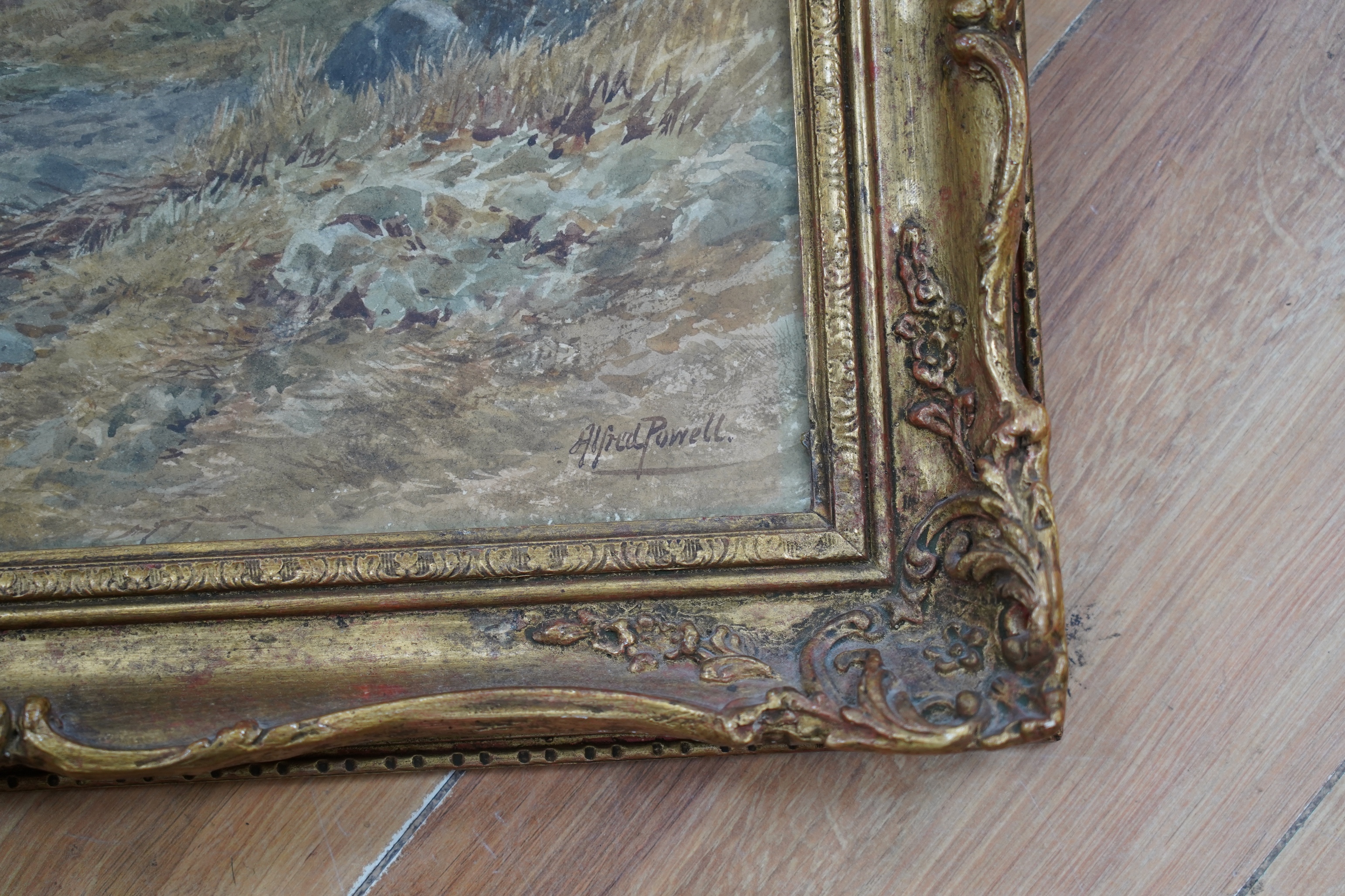 Alfred Powell (fl.1870-1901), watercolour, Cattle in a highland landscape, signed, 48 x 77cm, ornate gilt framed